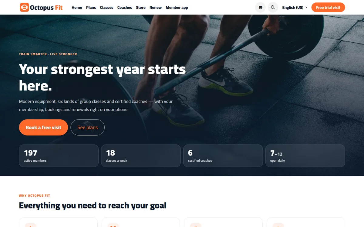 Octopus Fit demo gym website on a desktop screen: hero, membership figures and call-to-action buttons